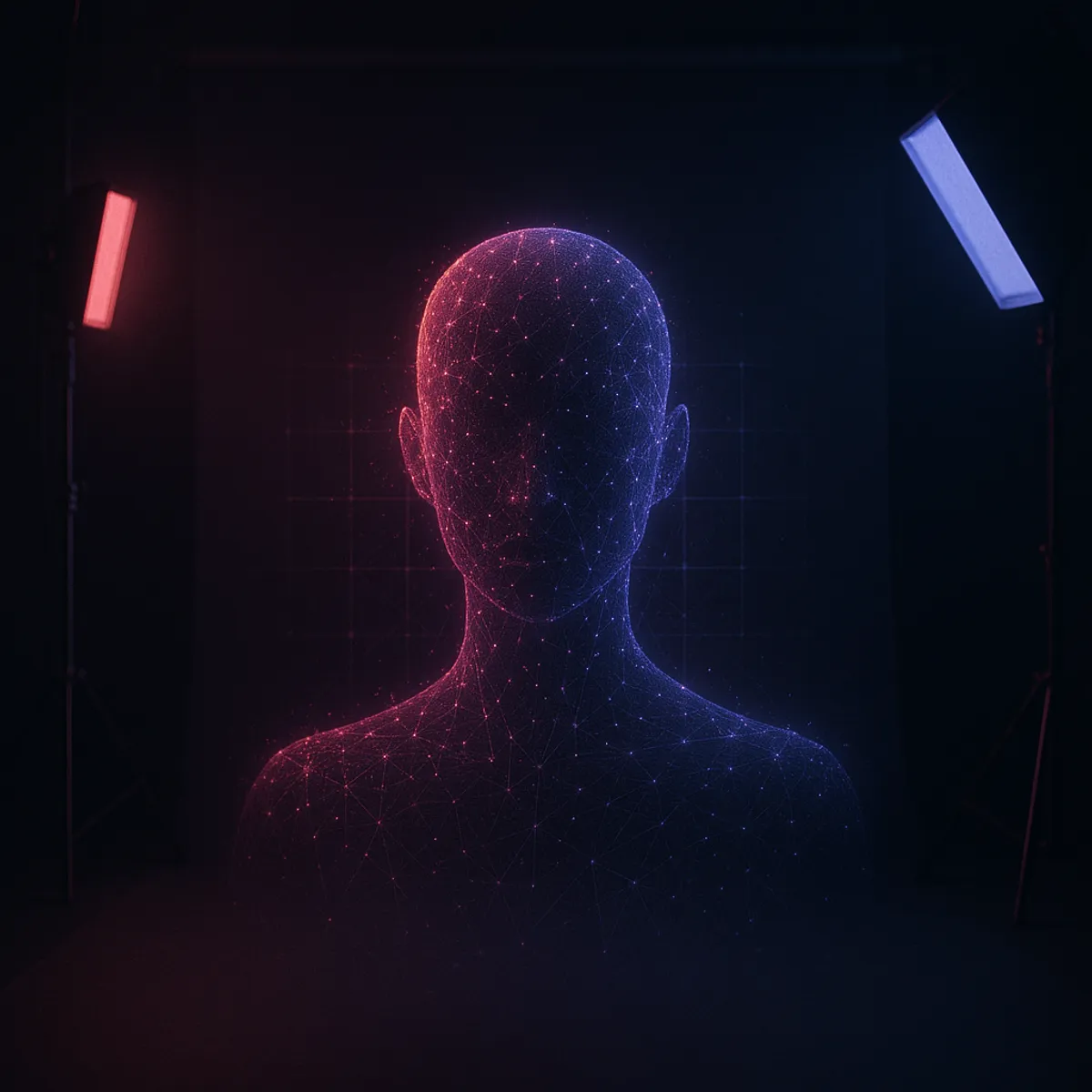 Illustration : silhouette abstraite d’un buste composé de particules lumineuses dans un studio sombre éclairé de rose et de violet — un personnage IA en cours de création.