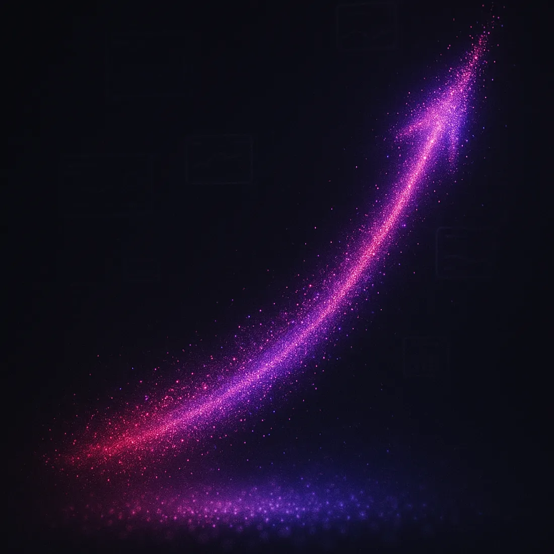 Illustration abstraite : courbe ascendante de particules lumineuses roses et violettes évoquant la croissance explosive du marché des influenceurs IA.