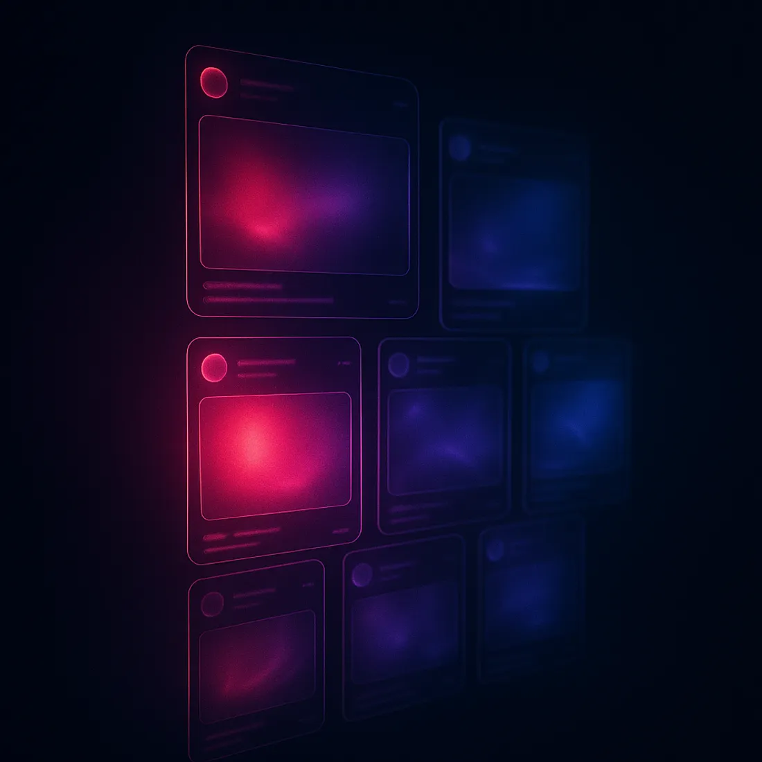 Illustration abstraite : grille flottante de vignettes lumineuses roses et violettes évoquant un feed de réseau social holographique.